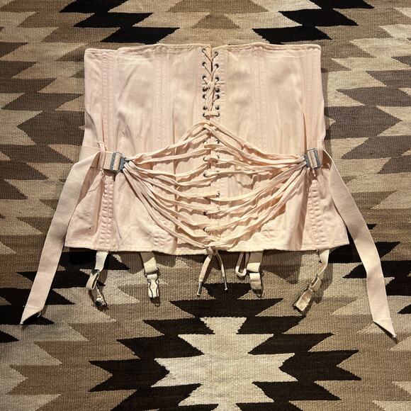 Vintage 1920's Camp Fan Lace Corset Peach Pink Antique Girdle Canvas Rare - Picture 1 of 16